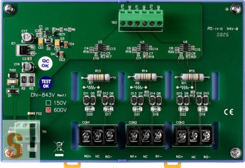 DN-843V-600V # 3 csatornás feszültség osztó/Voltage Input Attenuator/ 600 Vdc/nem szigetelt/DIN sínre rögzíthető/ICP CON, ICP DAS
