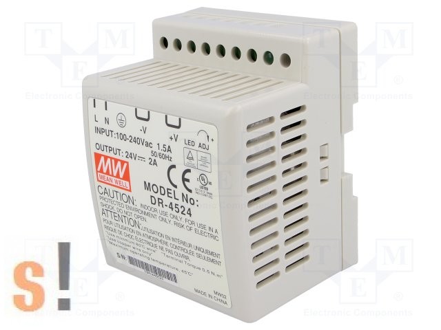 DR-4524 # Stabilizált tápegység/DIN sínre/24 VDC/2 A/45W, Me