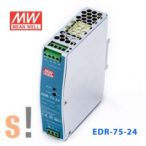 EDR-75-24 # Stabilizált tápegység/DIN sínre/fém ház/24 VDC/3.2 A/75W/24.0~28VDC szabályozható kimenet, Mean Well