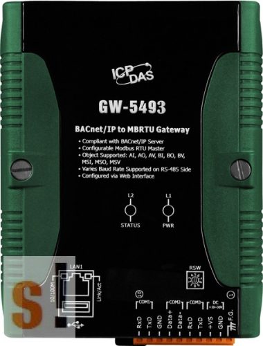 GW-5493 CR # Átjáró/Gateway/BACnetIP - ModbusTCP Client/ RS232/Ethernet, ICP DAS 