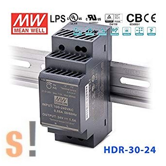 HDR-30-24 # Stabilizált tápegység/DIN sínre/24 VDC/1.5 A/36W/21.6~29V szabályozható kimenet/extrem alacsony méret, Mean Well