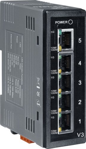 NS-205G # Ipari Gigabit Ethernet switch, 5 port, 10/100/1000 Mbps/10~30Vdc/-40 °C ~ +75 °C/ DIN sínre/ ICP DAS