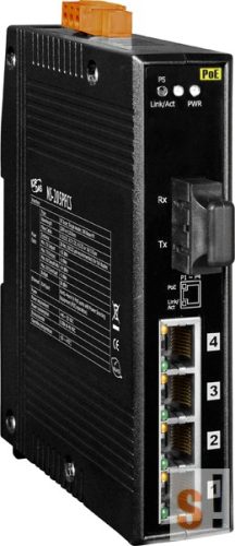 NS-205PFCS-24V  # Single-mód, 30km, SC csatlakozó, 4-port 10/100 Mbps PoE (PSE) és 1 Fiber port switch, 24Vdc,  ICP DAS
