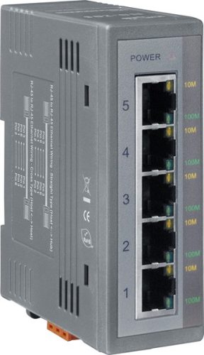 NS-205R # Ethernet switch/ 5 port/ 10/100 Mbps/ ipari/ DIN sínre/ +10~30Vdc táp/-40 °C ~ +75 °C/ konformális védő bevonattal/ ICP DAS