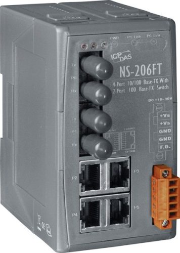 NS-206FT CR # Multi-mód, ST csatlakozó, 4-port 10/100 Mbps és dupla fiber port switch, ICP DAS