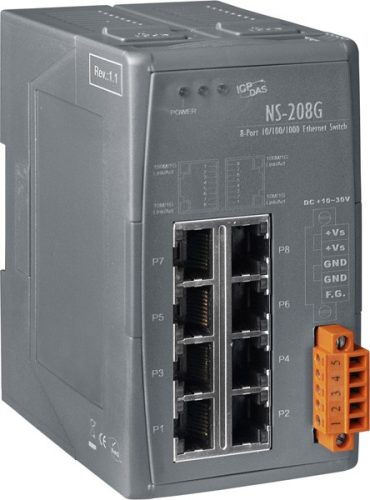 NS-208G # Ipari Gigabit Ethernet switch/ 8 port/ 10/100/1000 Mbps/10~30Vdc/-40 °C ~ +75 °C/ DIN sínre/ ICP DAS