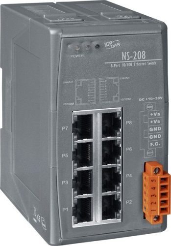 NS-208 # Ipari Ethernet switch/ 8 port/ 10/1000Mbps/ -40 °C ~ +75 °C/ 10-30Vdc/DIN sínre/ ICP DAS