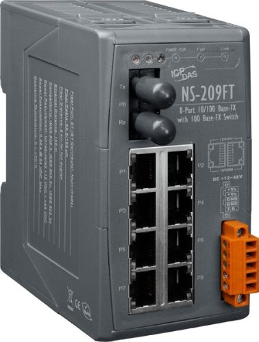 NS-209FT # Multi-mód, ST csatlakozó, 8-port 10/100 Mbps és 1 fiber port switch, ICP DAS