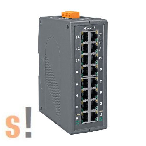 NS-216 CR # 16 portos ipari Ethernet switch/DIN sínre/ 10/100 Base-TX/Redundáns táp +12 ~ +48 VDC/Relé riasztás kimenet/-40 °C ~ +85 °C/ICP DAS