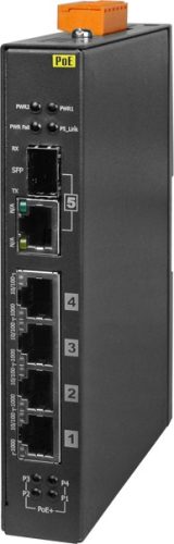 NSM-205GP # Gigabit PoE Ethernet switch/ 4x RJ45 +1x Fiber port,/24/48VDC-40 ~ +75 °C/ ICP DAS