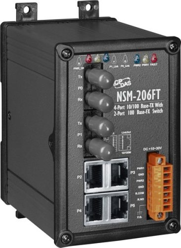 NSM-206FT CR # Multi-mód, ST csatlakozó, 4-port 10/100 Mbps és dupla fiber port switch, fémház, ICP DAS