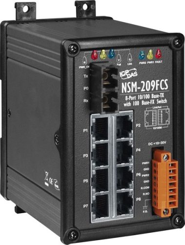 NSM-209FCS # Single-mód, 30km, SC csatlakozó, 8-port 10/100 Mbps és 1 fiber port switch, fémház, ICP DAS