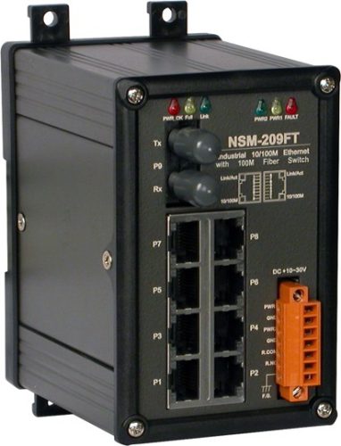 NSM-209FT # Multi-mód, ST csatlakozó, 8-port 10/100 Mbps és 1 fiber port switch, fémház, ICP DAS