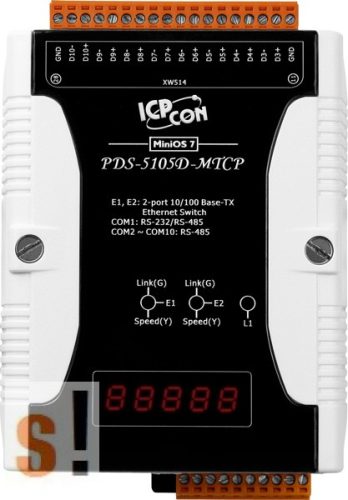 PDS-5105D-MTCP # Soros/Ethernet/Konverter/Modbus/Programozható/9x-RS-485/1x-RS-232-port/2 portos Switch/LED-ICPDAS