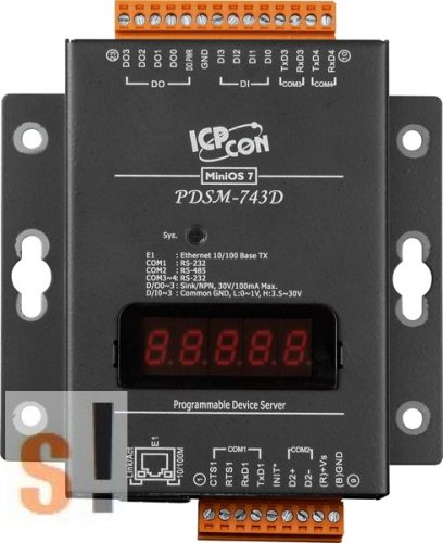 PDSM-743D # Soros/Ethernet/Konverter/Programozható/1x RS-485/3x RS-232 port/Ethernet 10/100/4x DI/4x DO/fém ház/LED, ICPDAS