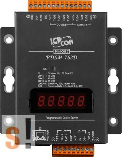 PDSM-762D # Soros/Ethernet/Konverter/Programozható/1x RS-485/5x RS-232 port/Ethernet 10/100/1x DI/2x DO/fém ház/LED, ICPDAS