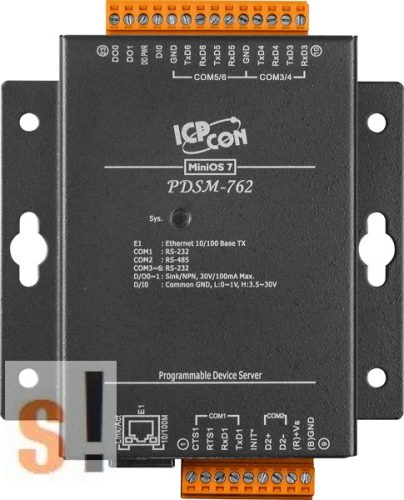 PDSM-762 # Soros/Ethernet/Konverter/Programozható/1x RS-485/5x RS-232 port/Ethernet 10/100/1x DI/2x DO/fém ház, ICPDAS