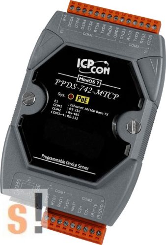 PPDS-742-MTCP # Soros/PoE Ethernet/Konverter/Modbus/Átjáró/Programozható/1x RS-485/3x RS-232 port/Ethernet 10/100, ICPDAS