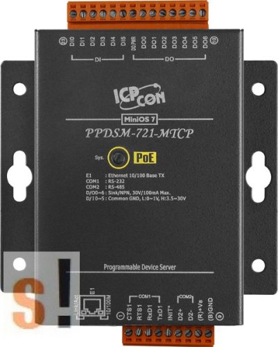 PPDSM-721-MTCP # Soros/Ethernet/Konverter/Modbus/Átjáró/Programozható/1x RS-232/1x RS-485/Ethernet/10/100/6x DI/7x DO/fém ház, ICP DAS