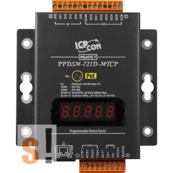   PPDSM-721D-MTCP # Soros/Ethernet/Konverter/Modbus/Átjáró/Programozható/1x RS-232/1x RS-485/Ethernet/10/100/6x DI/7x DO/fém ház/LED, ICP DAS