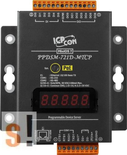 PPDSM-721D-MTCP # Soros/Ethernet/Konverter/Modbus/Átjáró/Programozható/1x RS-232/1x RS-485/Ethernet/10/100/6x DI/7x DO/fém ház/LED, ICP DAS