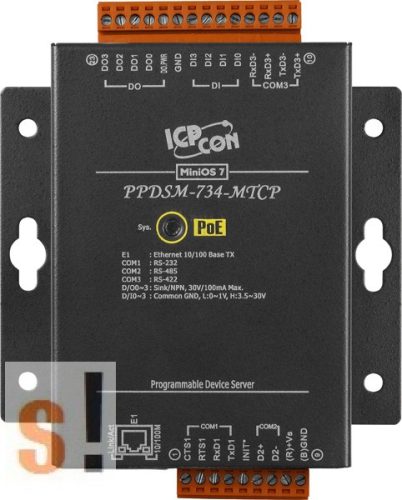 PPDSM-734-MTCP # Soros/PoE-Ethernet/Konverter/Modbus/Átjáró/Programozható/1x RS-232/1x RS-485/1x RS-422/485 port/Ethernet 10/100/4x DI/4x DO/fém ház, ICPDAS