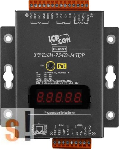 PPDSM-734D-MTCP # Soros/PoE-Ethernet/Konverter/Modbus/Átjáró/Programozható/1x RS-232/1x RS-485/1x RS-422/485 port/Ethernet 10/100/4x DI/4x DO/fém ház/LED, ICPDAS