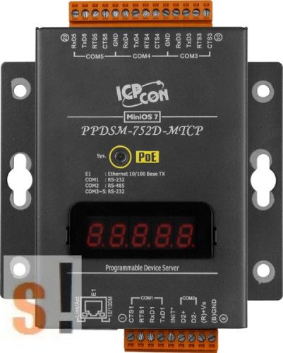 PPDSM-752D-MTCP # Soros/PoE Ethernet/Konverter/Modbus/Átjáró/Programozható/1x RS-485/4x RS-232 port/Ethernet 10/100/fem haz/LED, ICPDAS