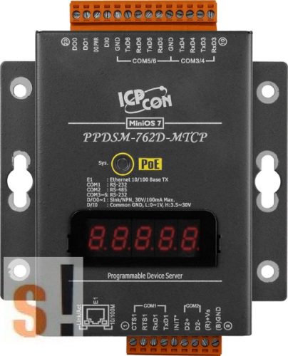 PPDSM-762D-MTCP # Soros/Ethernet/Konverter/Modbus/Átjáró/Programozható/1x RS-485/5x RS-232 port/Ethernet 10/100/1x DI/2x DO/fém ház/LED, ICPDAS