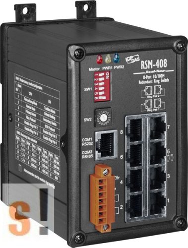 RSM-408 CR # 8 portos redundáns Ring switch szigetelt tápfeszültség bemenettel +10 VDC ~ +30 VDC, fémház, ICP DAS