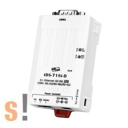 tDS-718i-D # Soros-Ethernet konverter/ 1x RS-232/422/485 port/5-vezetékes RS-232 port/PoE/ szigetelés/ ICP DAS