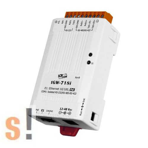 tGW-718i-D # Soros Modbus RTU/TCP Ethernet átjáró/ 1x RS-232/422/485 port/5-vezetékes RS-232 port/ PoE/szigetelt,  ICP DAS