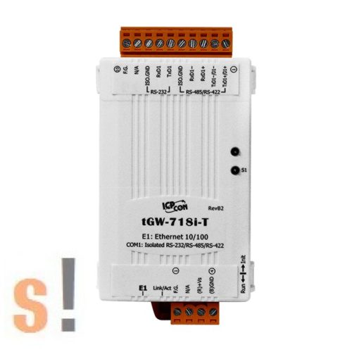 tGW-718i-T # Soros Modbus RTU/TCP Ethernet átjáró/ 1x RS-232/422/485 port/ DC bemenet sorkapocsba/szigetelt,  ICP DAS